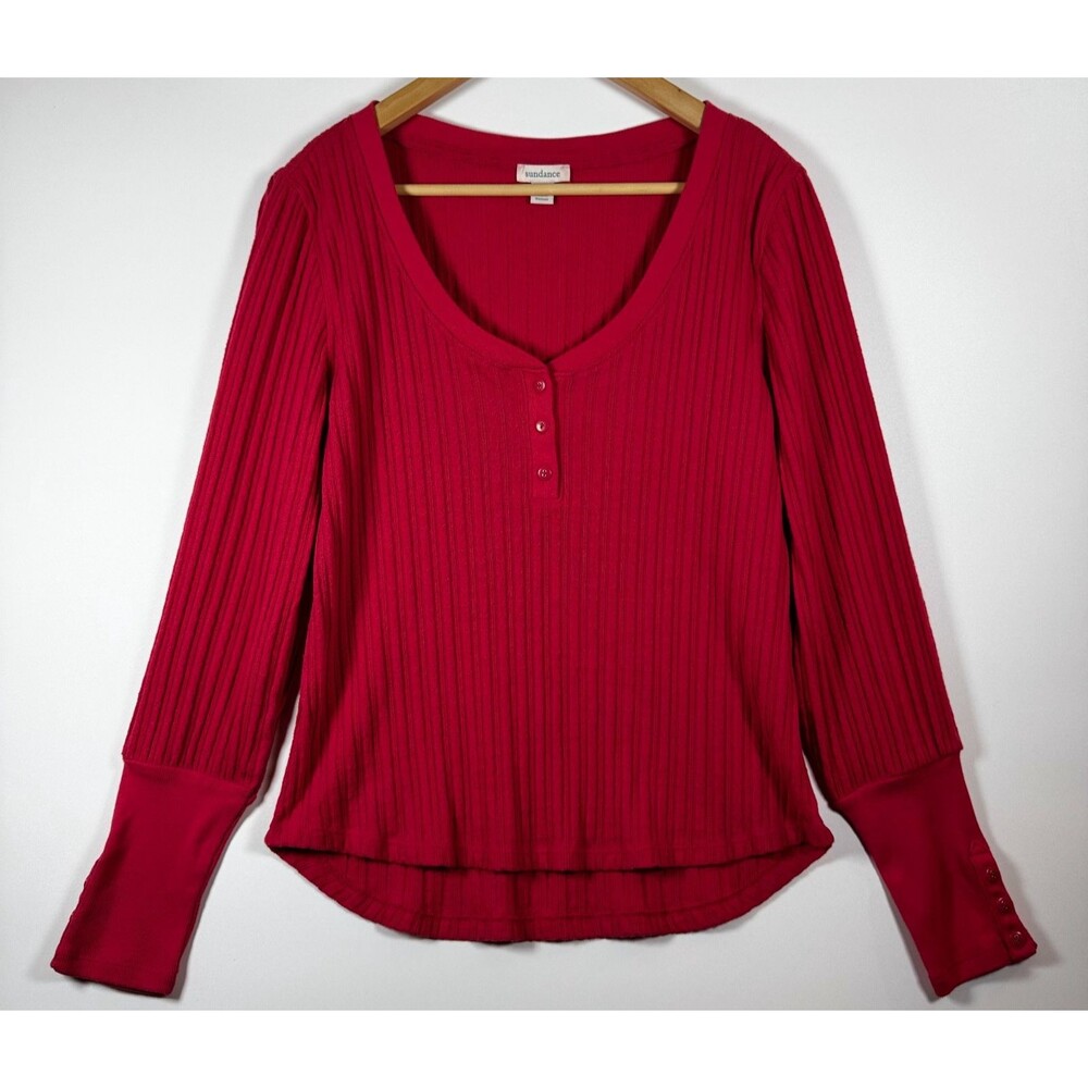 Sundance Top Womens Medium Red Waffle Knit Thermal Button Cuff Long Sleeve Boho